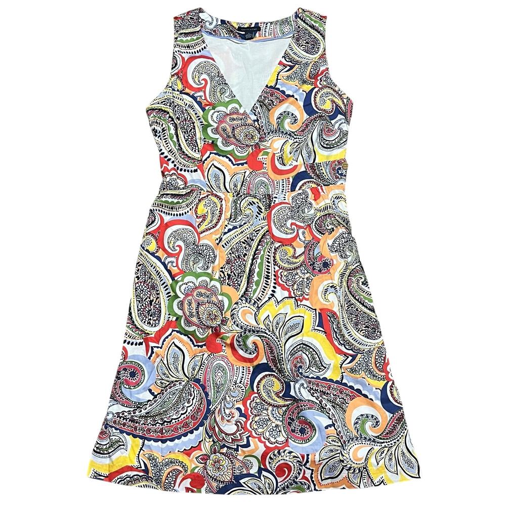 Tommy Hilfiger Paisley Midi Dress Boho Artsy Lined Women’s 6 Cotton Shift V Neck